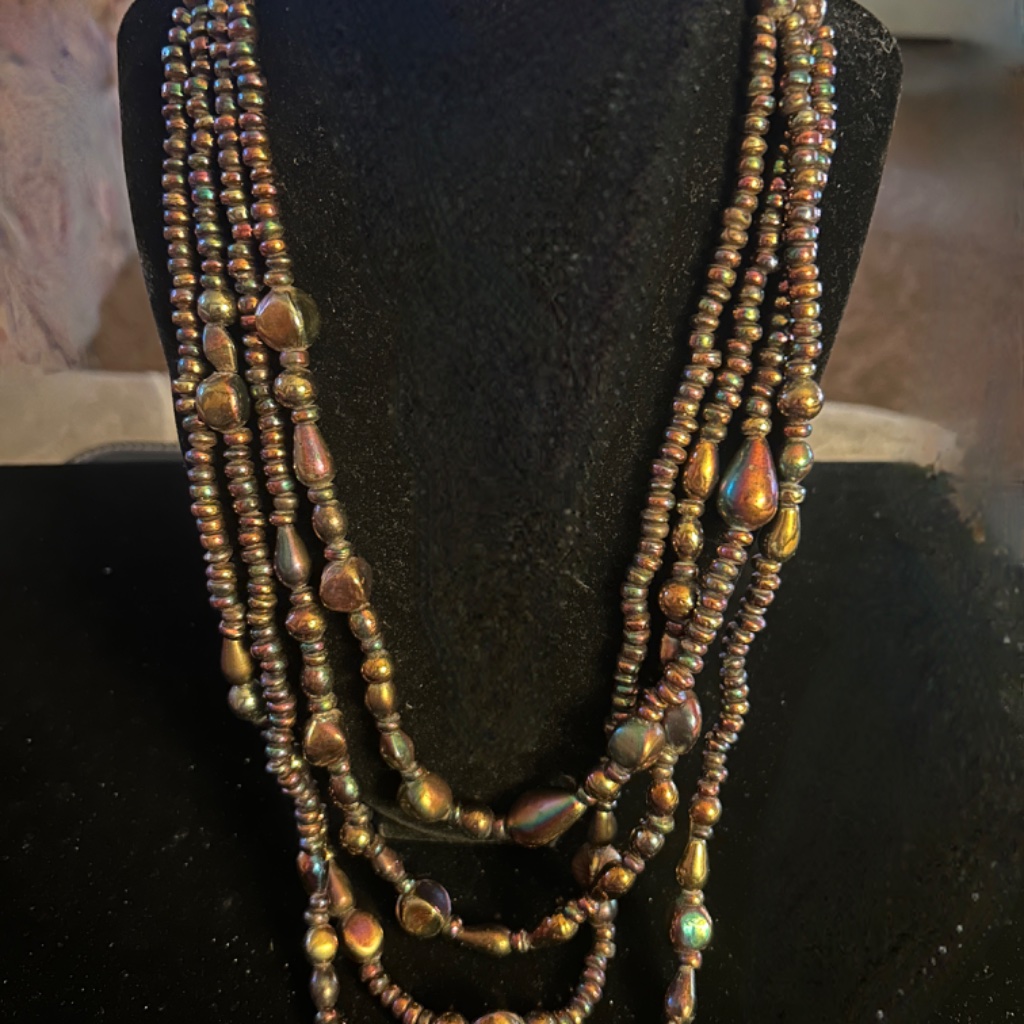 Vintage Heavy 5 Strand Iridescent Beaded Necklace-Rare-Green, Brown And Purple)